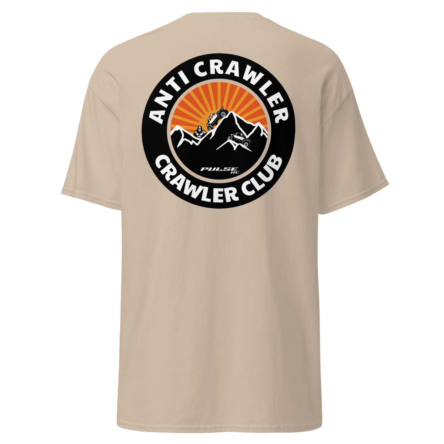 Anti Crawler Crawler Club - Pulse RC T-Shirt in beige, featuring a bold design for off-road RC crawling enthusiasts.