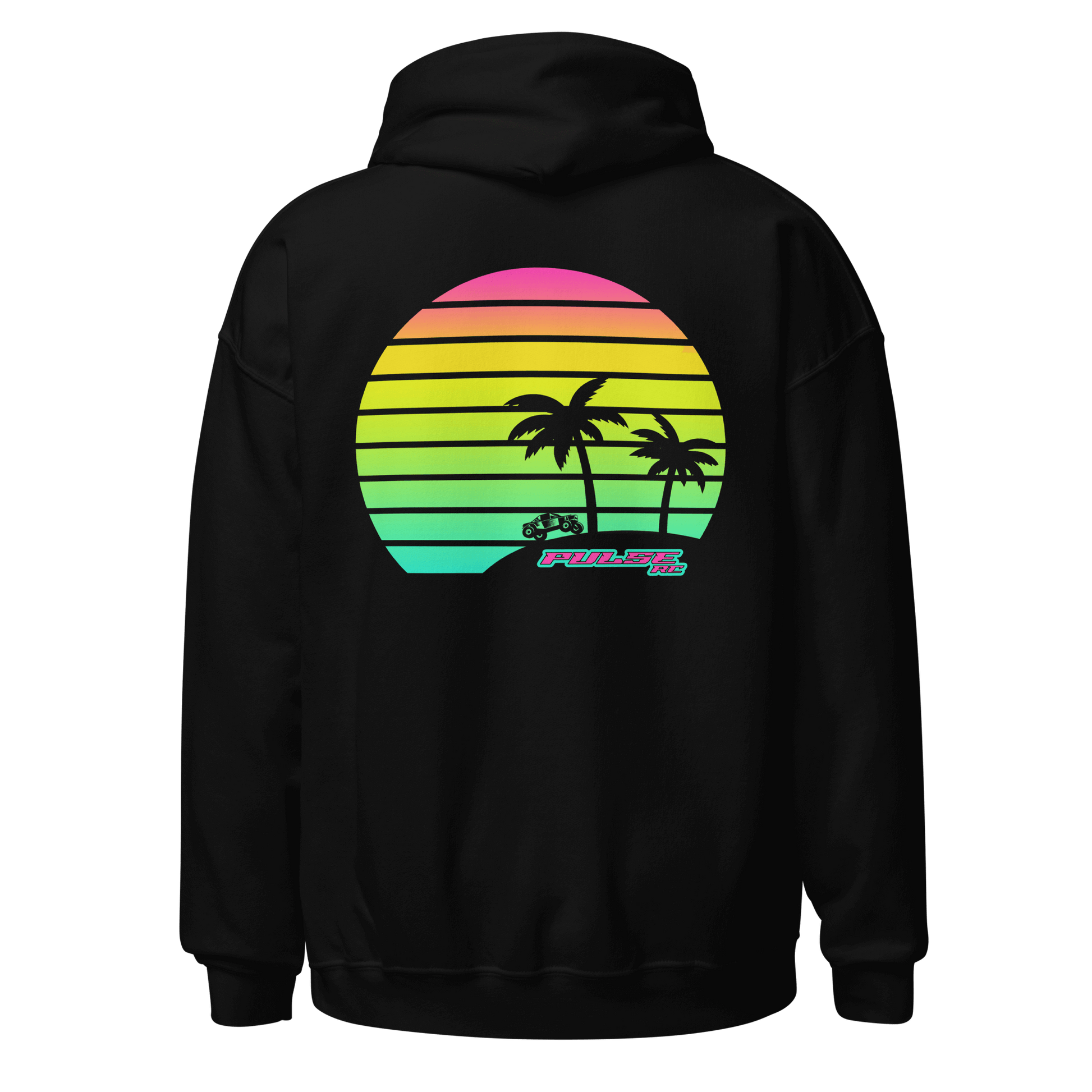 Retro Pulse RC Hoodie with nostalgic sunset and palm tree graphic, perfect for RC racing enthusiasts and vintage apparel lovers.