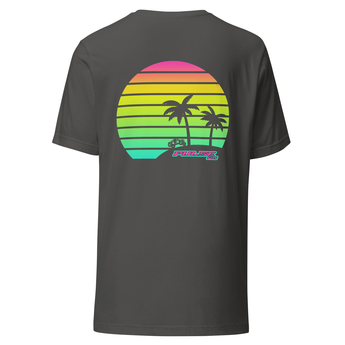 Retro Pulse RC T-Shirt with nostalgic graphics of palm trees and a sunset, perfect for RC racing enthusiasts and vintage apparel collectors.