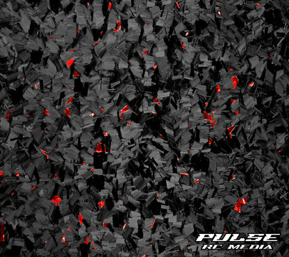 Close-up of forged carbon fiber texture with red accents and Pulse RC Media logo.