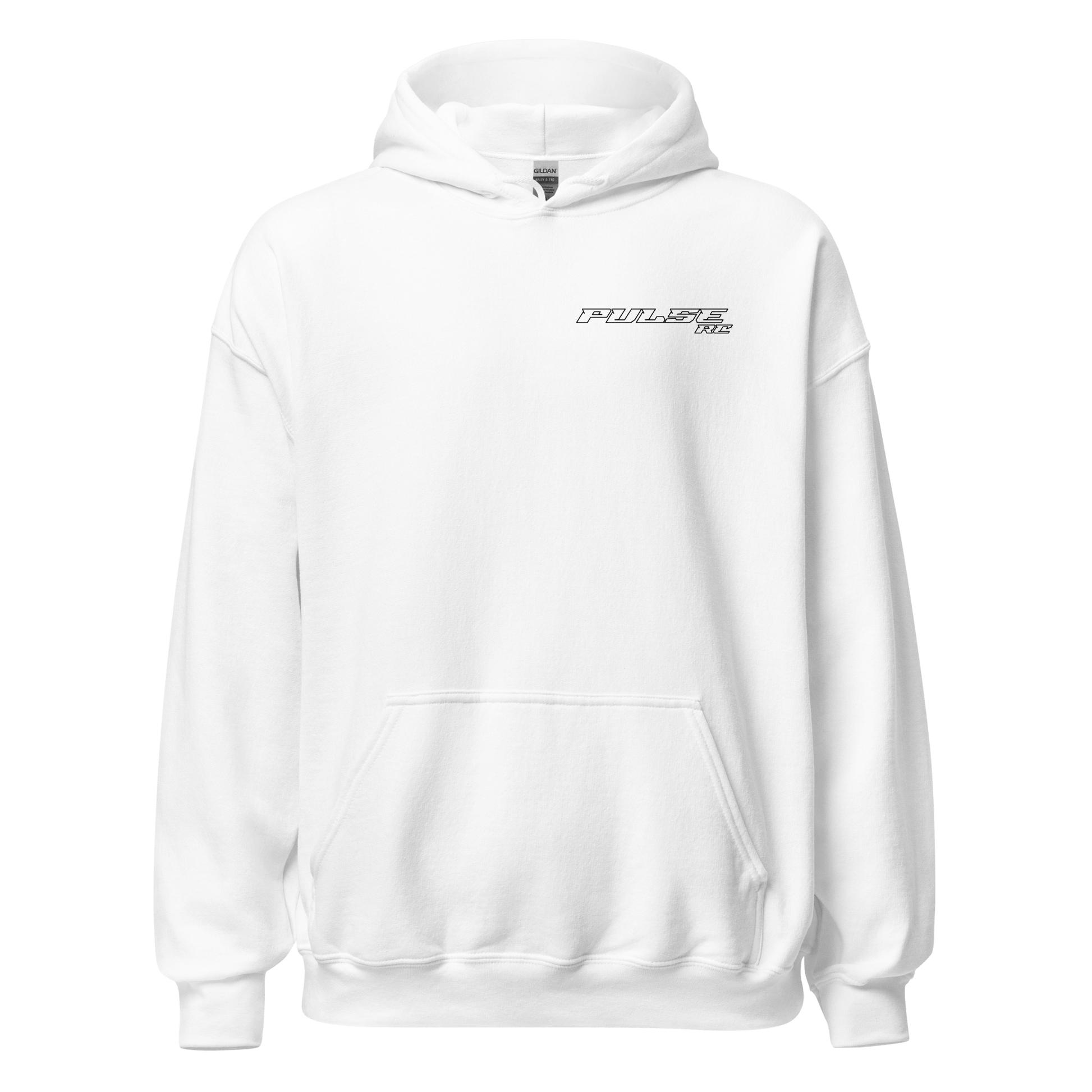 White "No Excuses - Pulse RC" Hoodie for RC Racing Enthusiasts and Remote Control Car Hobbyists