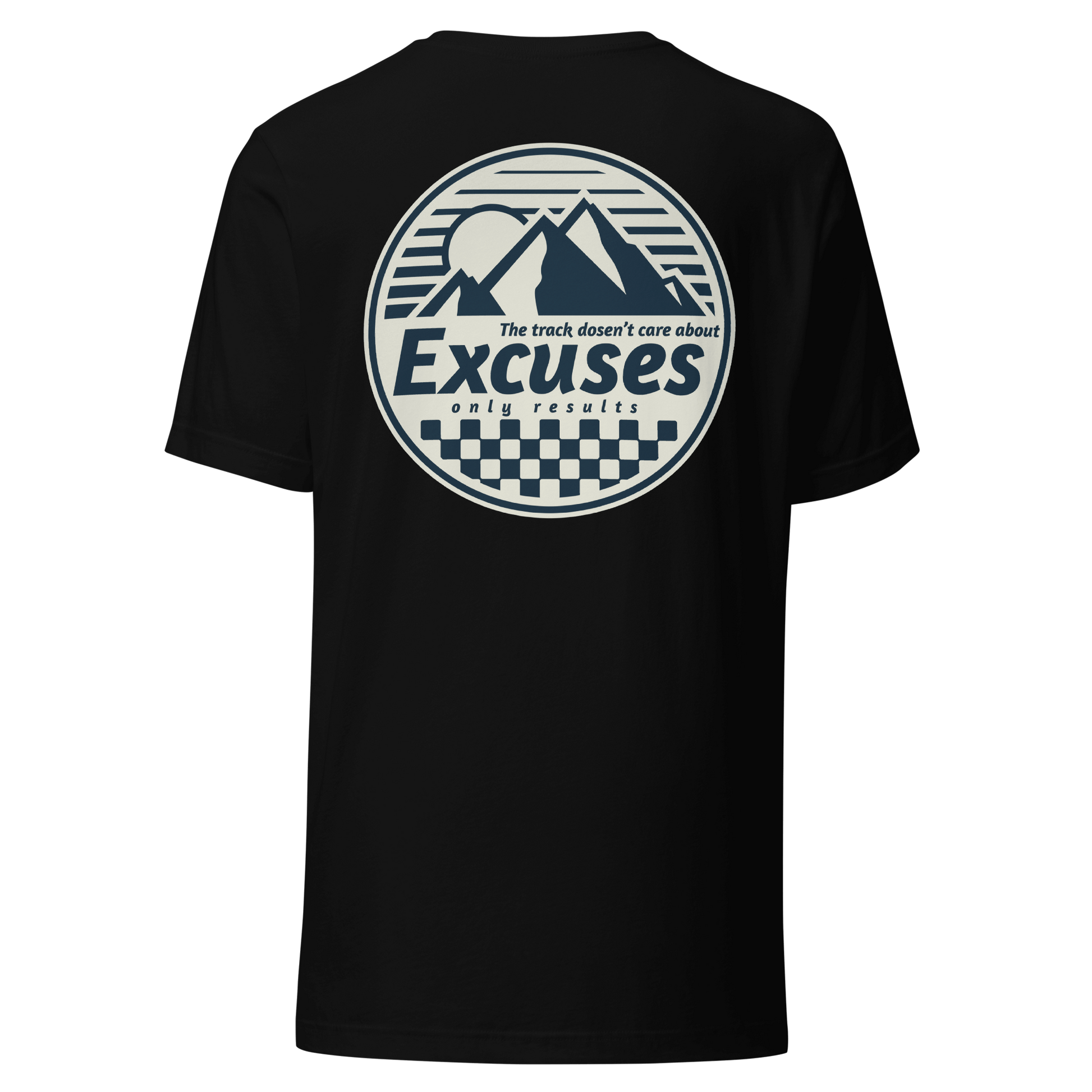 No Excuses Pulse RC T-Shirt featuring "The Track Doesn't Care About Excuses, Only Results" design for RC racing enthusiasts